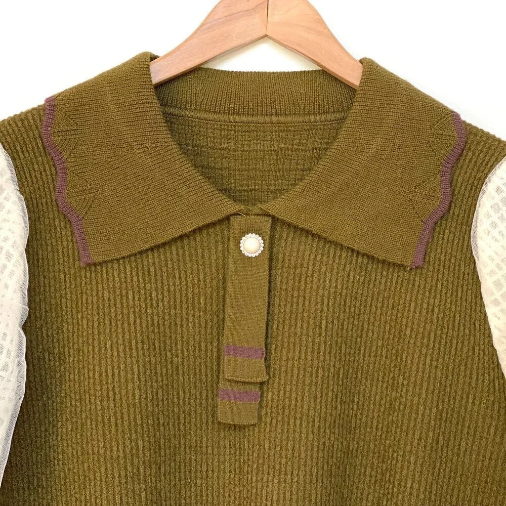 Olive Green Wool Blend Sweater White Mesh Balloon Sleeve S